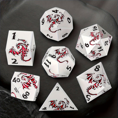 Dragon Metal Dice Set 7pcs Hand-Polished – Retro Carved Dragon Pattern Polyhedral DnD TTRPG RPG Dice with Dragon Storage Bag, D4 D6 D8 D10 D12 D20, Bronze Silver Black Blue White Cyan