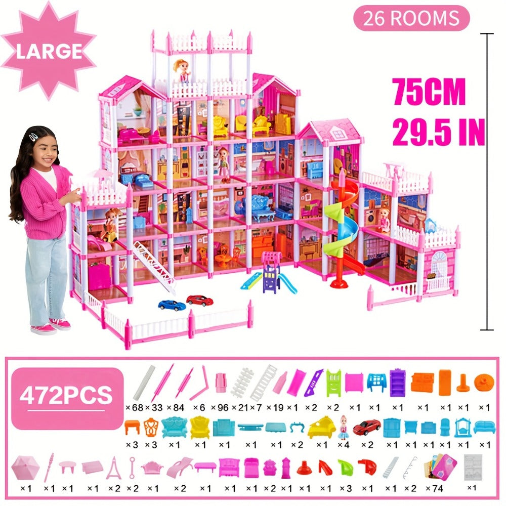 Princess Doll House Castle with Furniture & Accessories – Pink or Blue Mini Villa Playset 14 to 27 Rooms, Imaginative Play Logical Thinking Toy for Girls Ages 3+ Birthday Christmas Gift