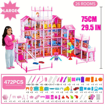 Princess Doll House Castle with Furniture & Accessories – Pink or Blue Mini Villa Playset 14 to 27 Rooms, Imaginative Play Logical Thinking Toy for Girls Ages 3+ Birthday Christmas Gift