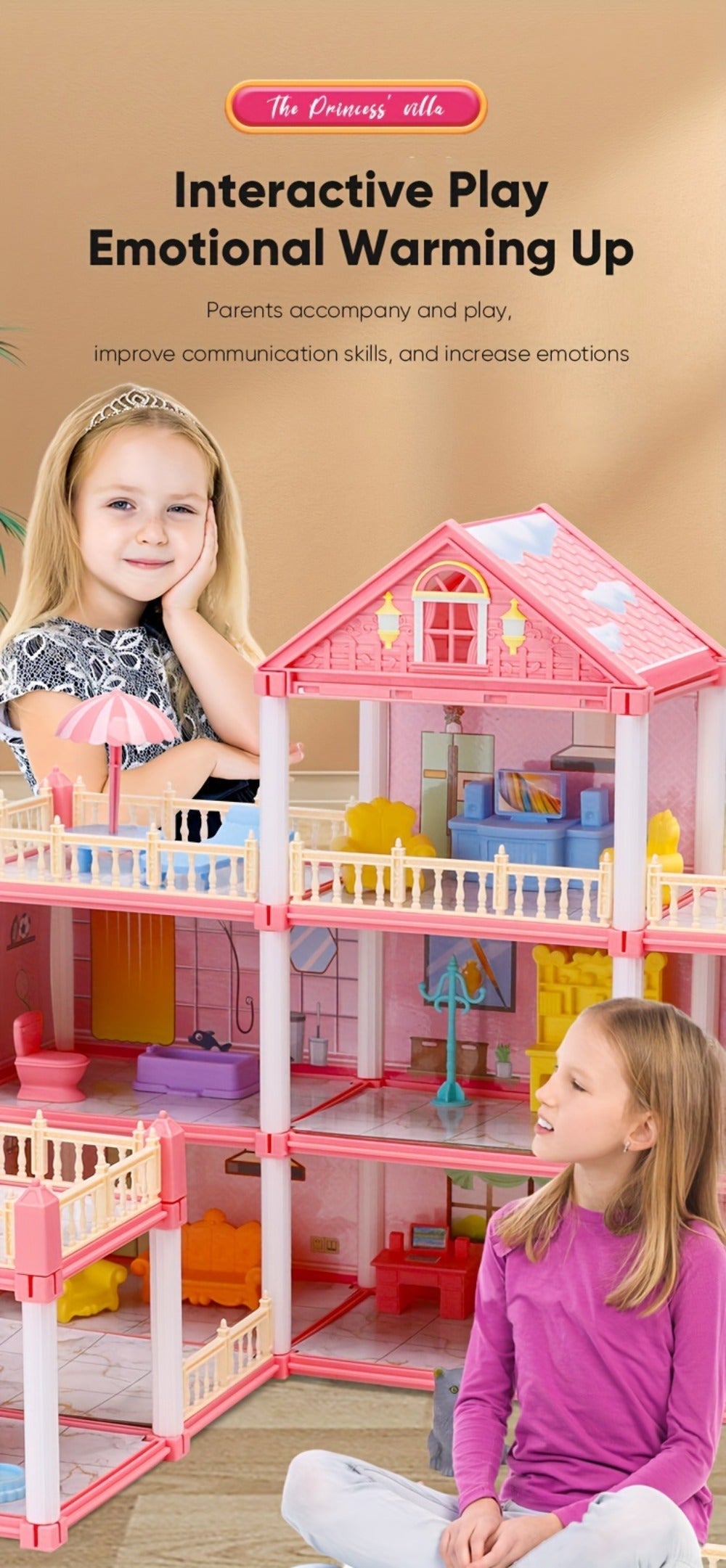 Princess Doll House Castle with Furniture & Accessories – Pink or Blue Mini Villa Playset 14 to 27 Rooms, Imaginative Play Logical Thinking Toy for Girls Ages 3+ Birthday Christmas Gift