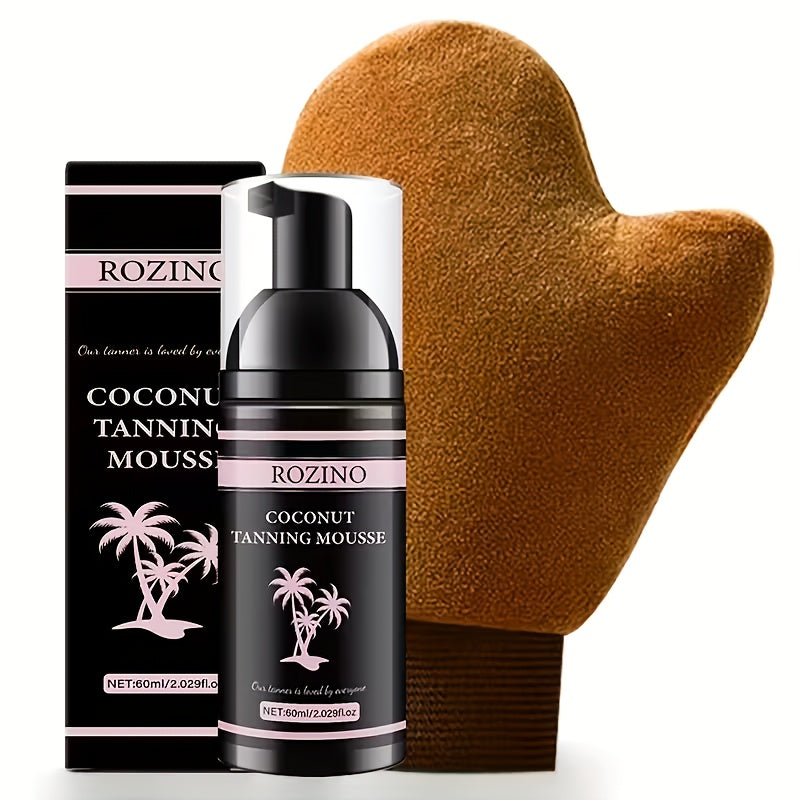 Sunless Tanning Mousse with Applicator Glove 60ml – Natural Plant Ingredients Self Tanner Bronzing Set, Gradual Buildable Color for Even Light Beige Tan, Streak-Free Sunless Tanner for Body
