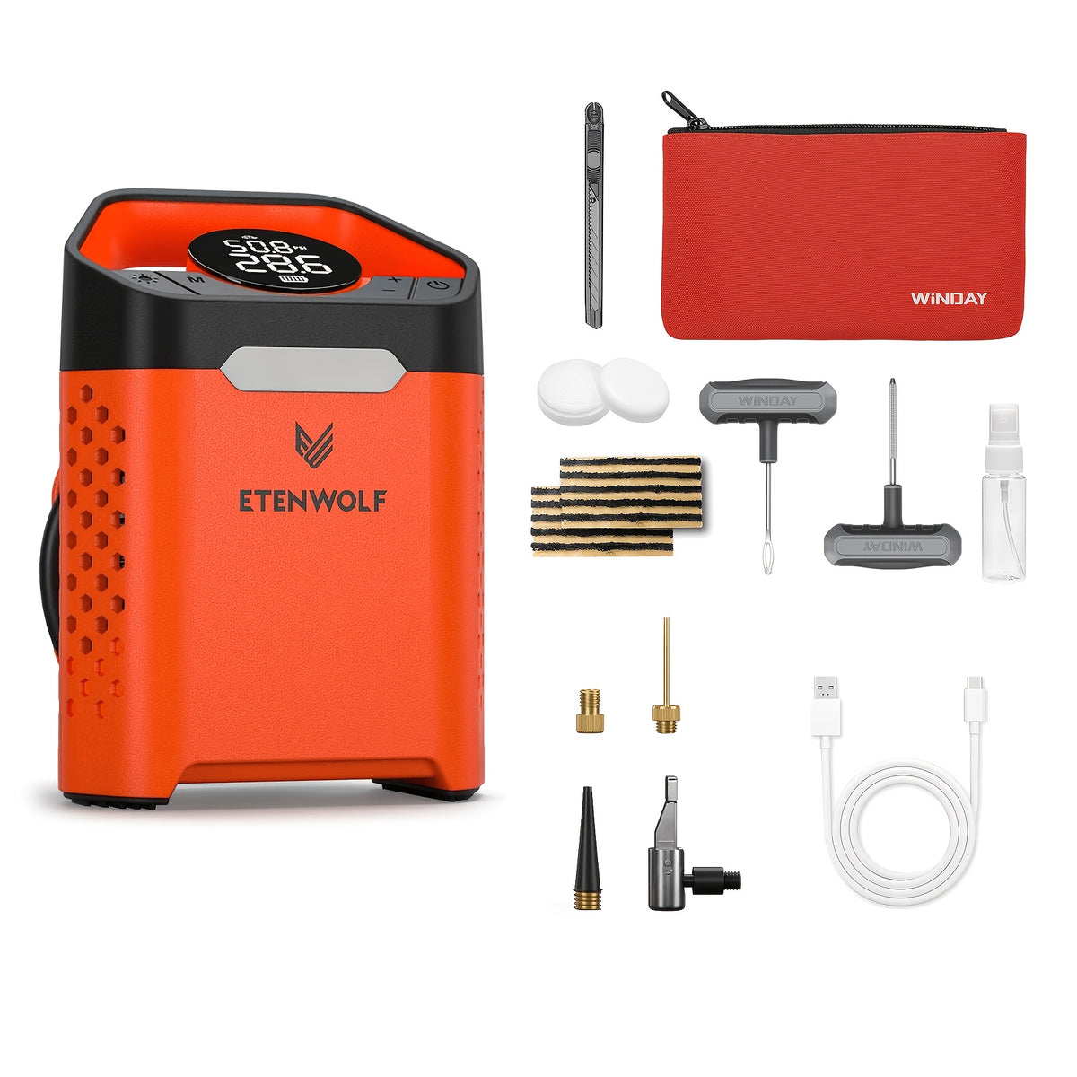 ETENWOLF Portable Air Pump for Car Tires & Tire Inflator Air Compressor | 1 Min Fast Inflation, 100% Duty Cycle, Heavy Duty, USB Charging, Digital Display, Rechargeable Battery