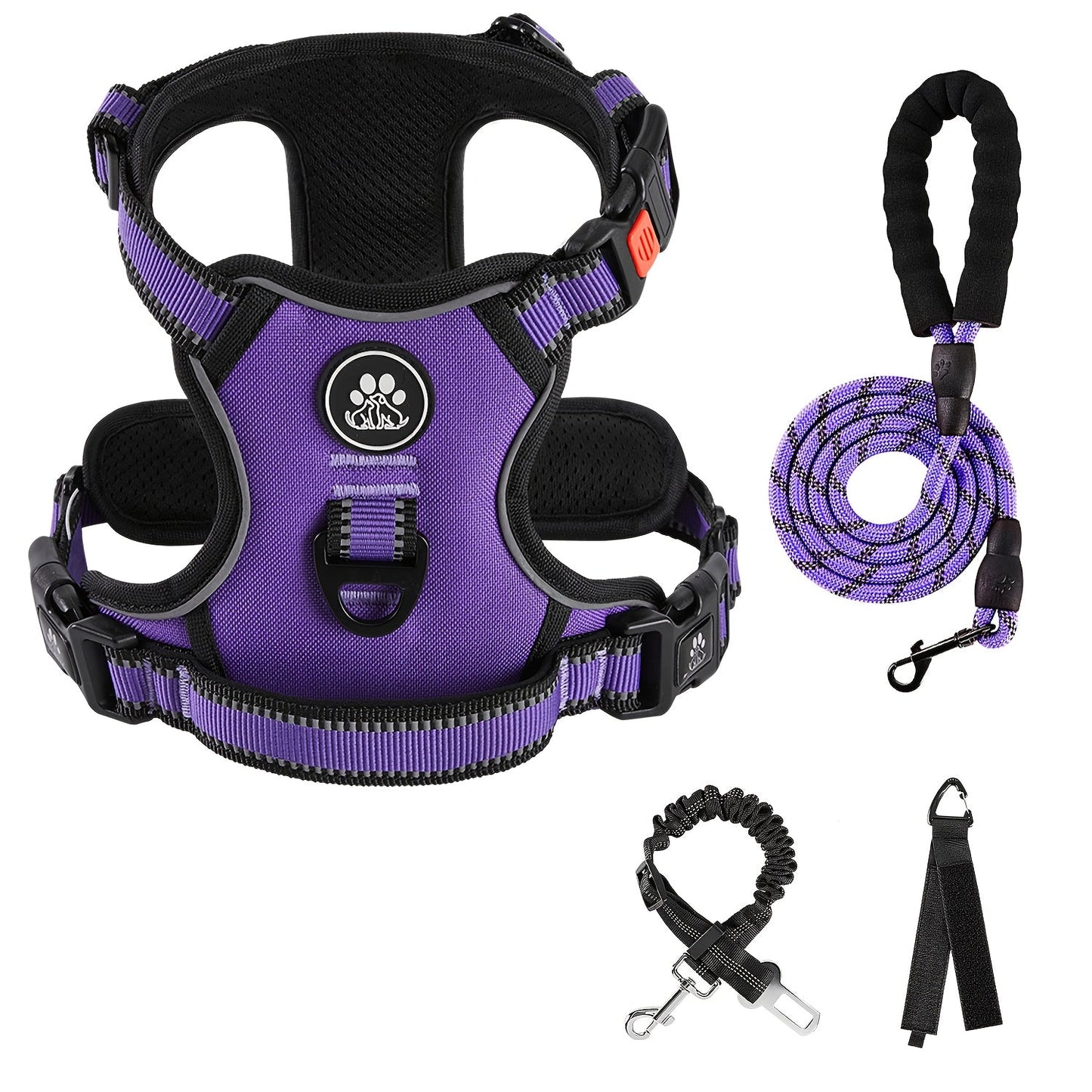 No Pull Dog Harness Set with Collar, Leash & Retractable Seatbelt – Reflective Adjustable Breathable Vest for Small to Large Dogs