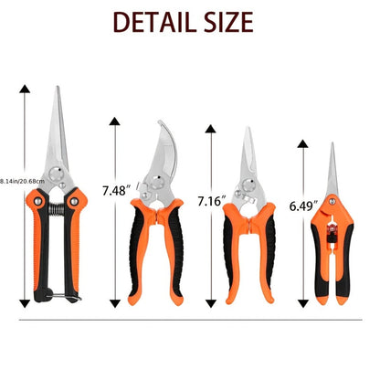 Gardening Pruning Tool Set 8 Piece Stainless Steel | Pruning Shears Scissors Pliers Ergonomic Handle with Wiping Cloth | Lawn Tree Garden Care Kit Orange Yellow Green