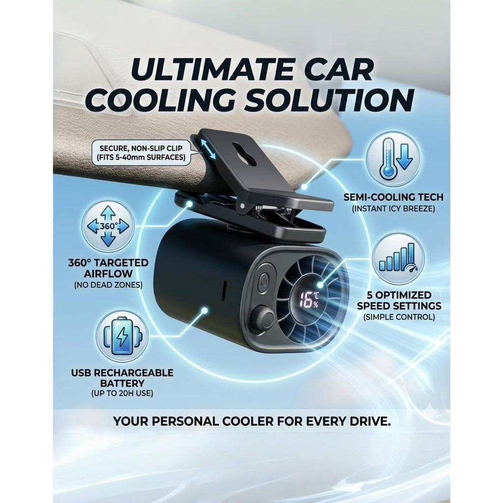 Car Clip-on Air Conditioning Fan, Cooler Compatible, 16 ° C Semi-Cooling, 5-Speed Adjustable USB Charging Fan, 360 ° Rotating Compact Car Fan for Dashboard (White)