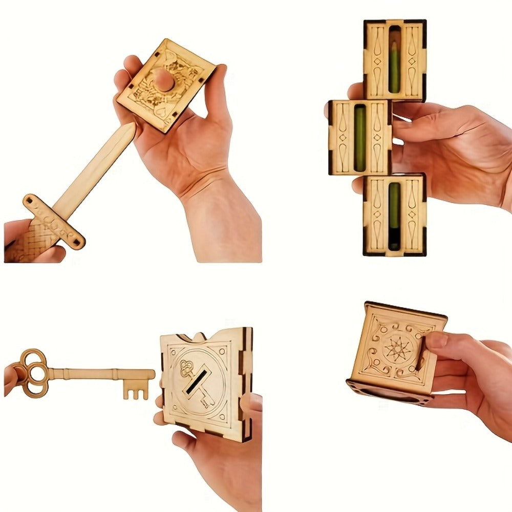 Wooden Magic Trick Set 4-Piece Kit – STEM Magic Puzzles with Sword Finger, Coin & Key Penetration, Magic Pencil Box | Birch Wood Illusion Props for Stage & Party, Unique Gift for Kids Adults