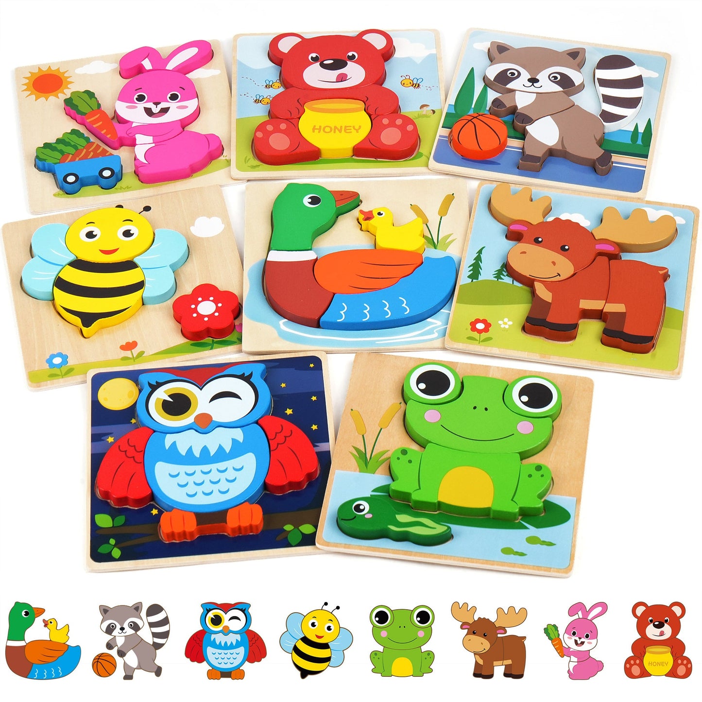 Wooden Animal Puzzles for Toddlers 8-Pack – Colors & Shapes Cognition Learning Toy for Kids Ages 1 2 3, Montessori Educational Preschool Gift, Baby Infant Thinking Training Toy, Christmas Birthday Baby Shower