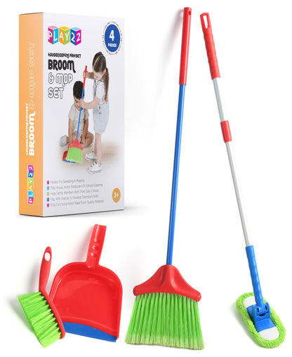 Kids Cleaning Set 4 Piece Toy Broom Mop Brush Dustpan – Pretend Play Housekeeping Kit for Toddlers Boys Girls | Develops Fine Motor Skills & Responsibility | Best Birthday Christmas Gift Ages 3+