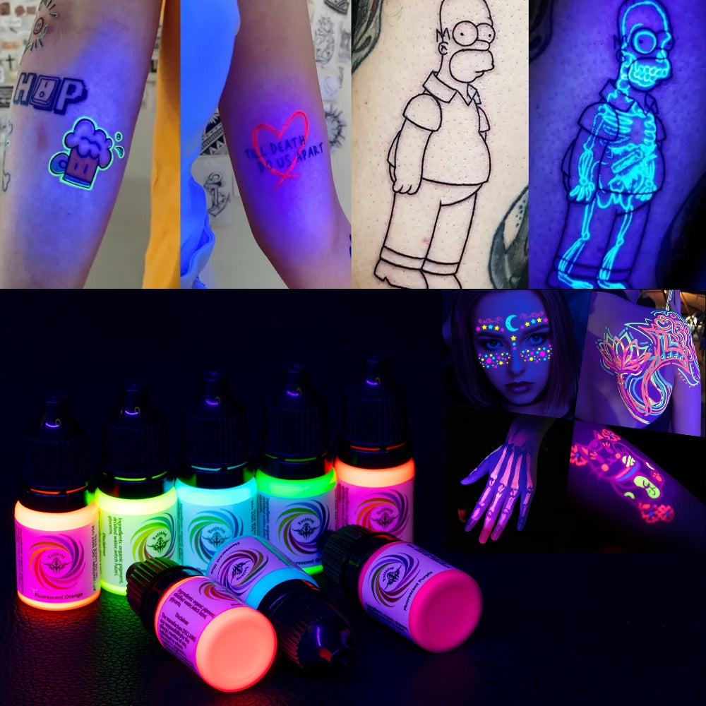 UV Fluorescent Tattoo Ink Set 8 Colors – Professional Long-Lasting Blacklight Tattoo Pigment for Body Art, Permanent Makeup & DIY Tattoo – Vibrant Neon Violet Glow Ink
