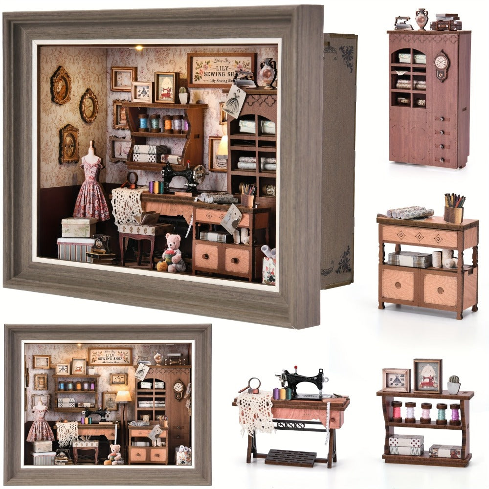 Book Nook Insert Kit DIY 3D Wooden Sewing House Miniature Model Building Set – Bookshelf Decor Craft for Adults Teens, Birthday Christmas Housewarming Gift, Choose Seam House Fireplace or Dwarf Style