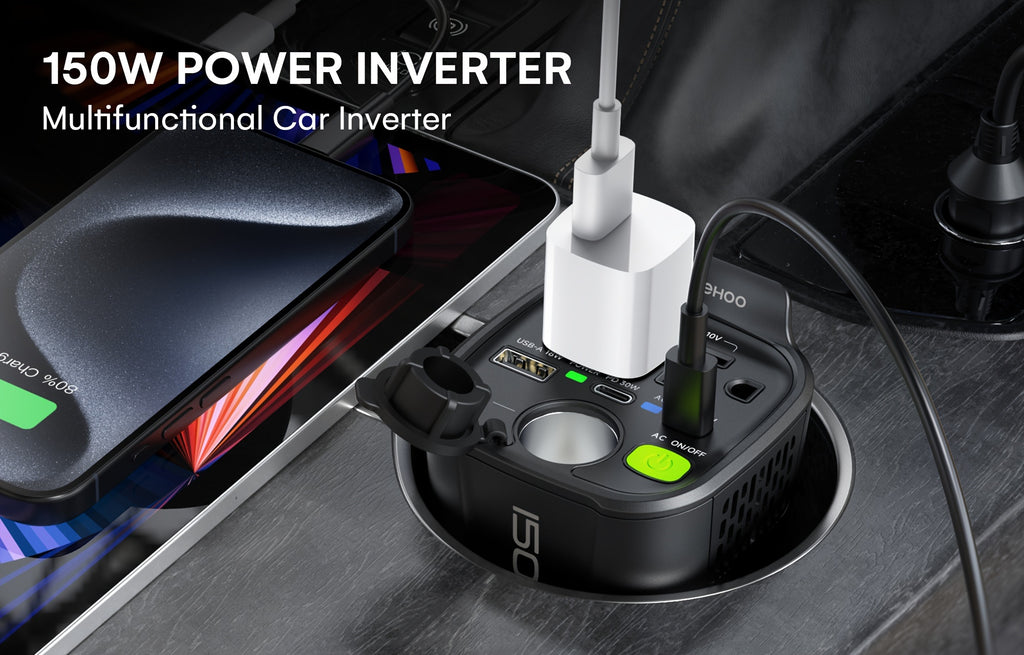 150W Car Power Inverter with 12V DC to 110V AC Car Plug Adapter Outlet Converter, 2 AC Outlets, 18W USB A, Dual 30W PD Car Charger - Heavy-Duty Black Vehicle Automotive