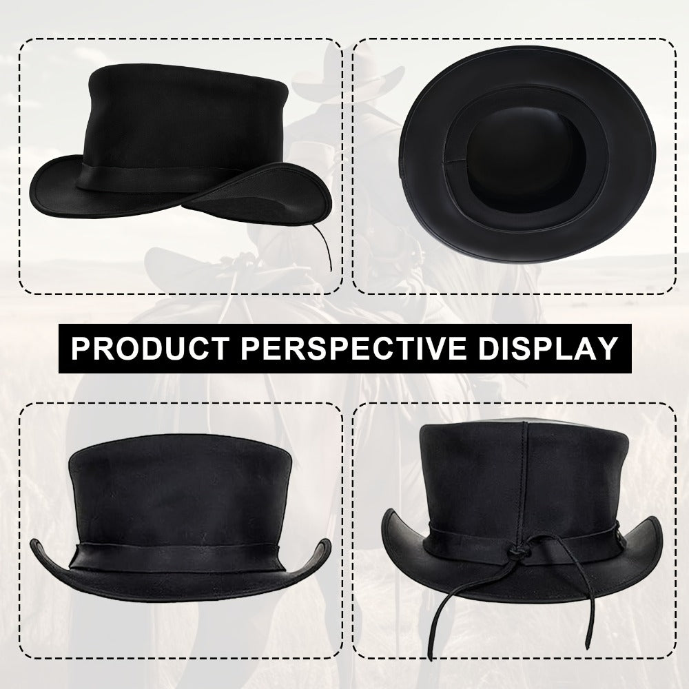 Genuine Leather Top Hat Steampunk – Shapeable Wide Brim Gentleman Hat for Men Women, Halloween Costume Topper, Deadman Victorian Derby Hat, Handcrafted Top-Grain Leather, Black, Sizes S-3XL
