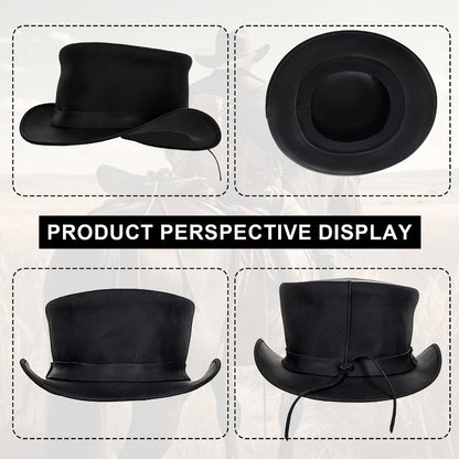 Genuine Leather Top Hat Steampunk – Shapeable Wide Brim Gentleman Hat for Men Women, Halloween Costume Topper, Deadman Victorian Derby Hat, Handcrafted Top-Grain Leather, Black, Sizes S-3XL