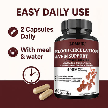 Blood Circulation Supplement Capsules with Niacin, L-Arginine, Hawthorn & Diosmin – Leg Vein, Heart & Cardiovascular Health Support | Cayenne Pepper, Ginger & Nitric Oxide Blood Flow Pills | 60 Capsules