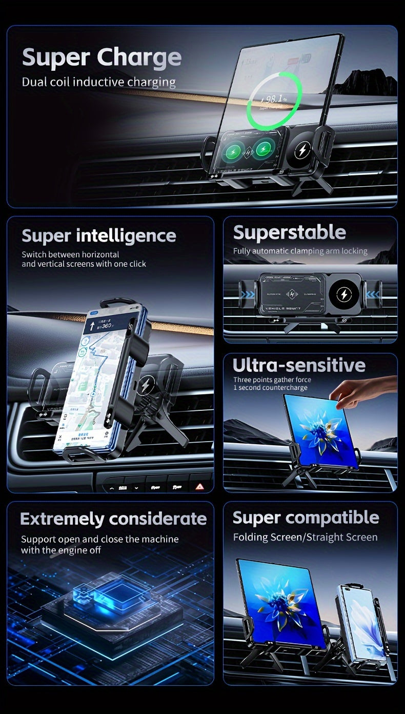 Car Mount with Wireless Fast Charging for iPhone 8/X/11/12/13/14/15 Series, for SamSung Note20/10/9/8 Series, S10/9/8 Series, for Fold 5, Fold 6, W23/W24 - Supports Folding Screens, Wireless Charging Output up to 15W (MAX)