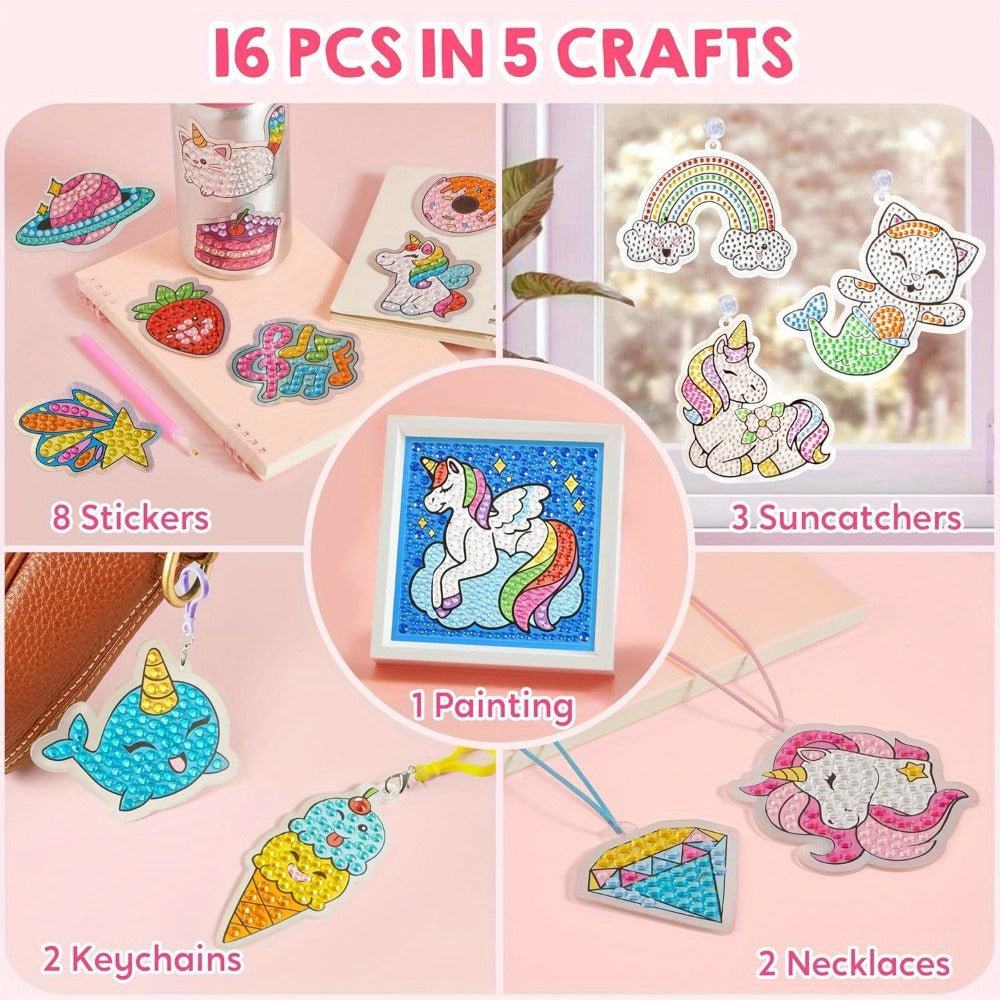 Diamond Gem Painting Kit for Girls Ages 6+ 16 Projects – 5D Gem Art Set with 2800+ Gems Unicorn Suncatchers Keychains Necklaces Stickers, All-in-One Arts Crafts Birthday Christmas Gift