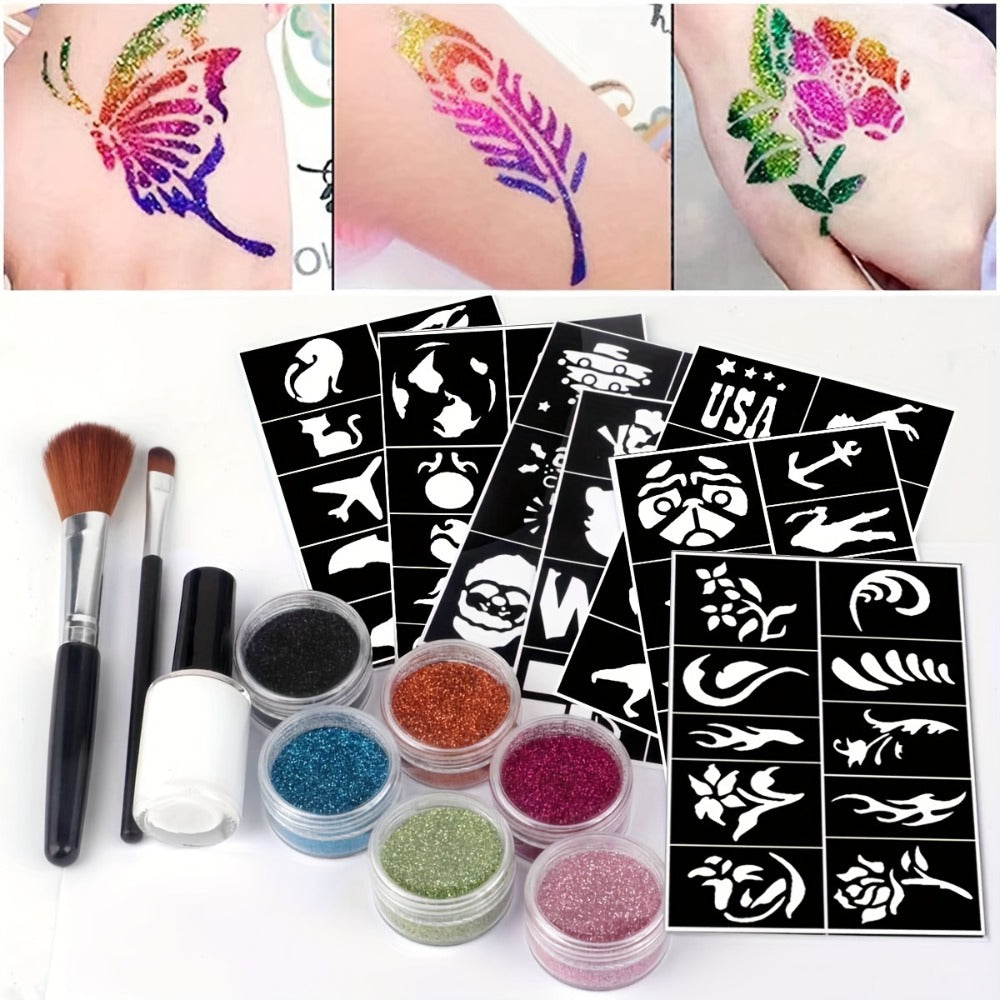 Glitter Tattoo Kit for Kids & Adults – 14 Stencil Sheets 6 Metallic Colors Skin-Safe Body Glue 2 Brushes Temporary Body Art Set for Birthday Parties Festivals Halloween Rave Costume Events