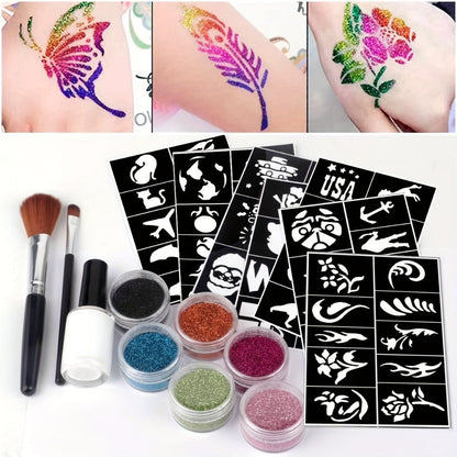 Glitter Tattoo Kit for Kids & Adults – 14 Stencil Sheets 6 Metallic Colors Skin-Safe Body Glue 2 Brushes Temporary Body Art Set for Birthday Parties Festivals Halloween Rave Costume Events