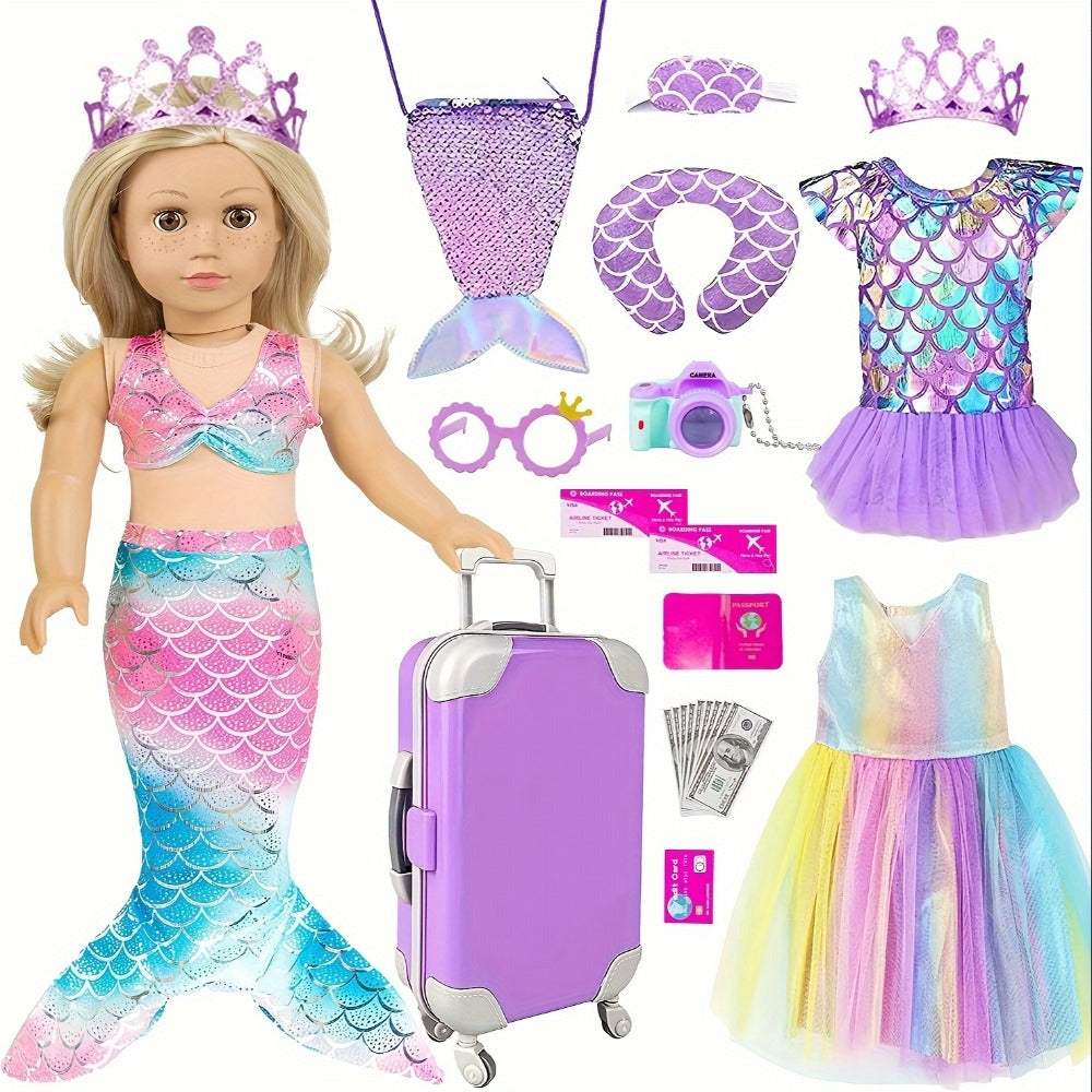 18 Inch Doll Mermaid Accessories Set 20 Pcs – Mermaid Skirt Top Crown Luggage Camera Passport Bank Card Glasses & Tickets, Fits American Girl Dolls Ocean Travel Gift for Girls Ages 3+ No Doll