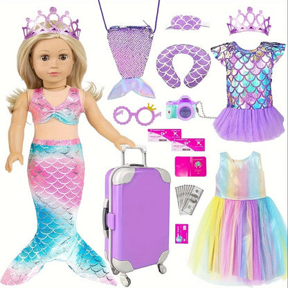 18 Inch Doll Mermaid Accessories Set 20 Pcs – Mermaid Skirt Top Crown Luggage Camera Passport Bank Card Glasses & Tickets, Fits American Girl Dolls Ocean Travel Gift for Girls Ages 3+ No Doll