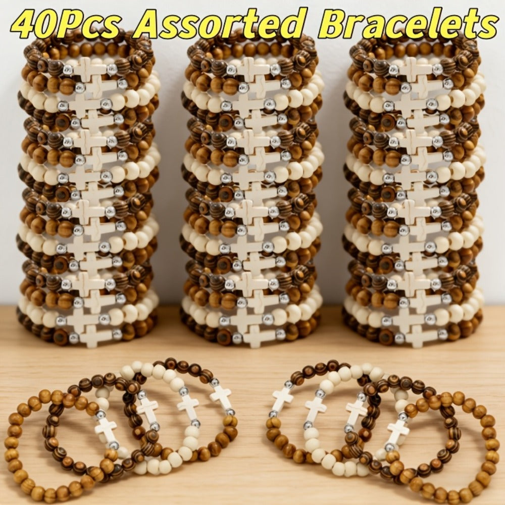 Cross Bracelets Bulk for Baptism Party Favors – 20/40PCS Vintage Ethnic Alloy Cross Pendant Woven Elastic Bracelets, Assorted Colors Christian Religious Jewelry Gifts for Kids Adults