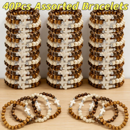 Cross Bracelets Bulk for Baptism Party Favors – 20/40PCS Vintage Ethnic Alloy Cross Pendant Woven Elastic Bracelets, Assorted Colors Christian Religious Jewelry Gifts for Kids Adults