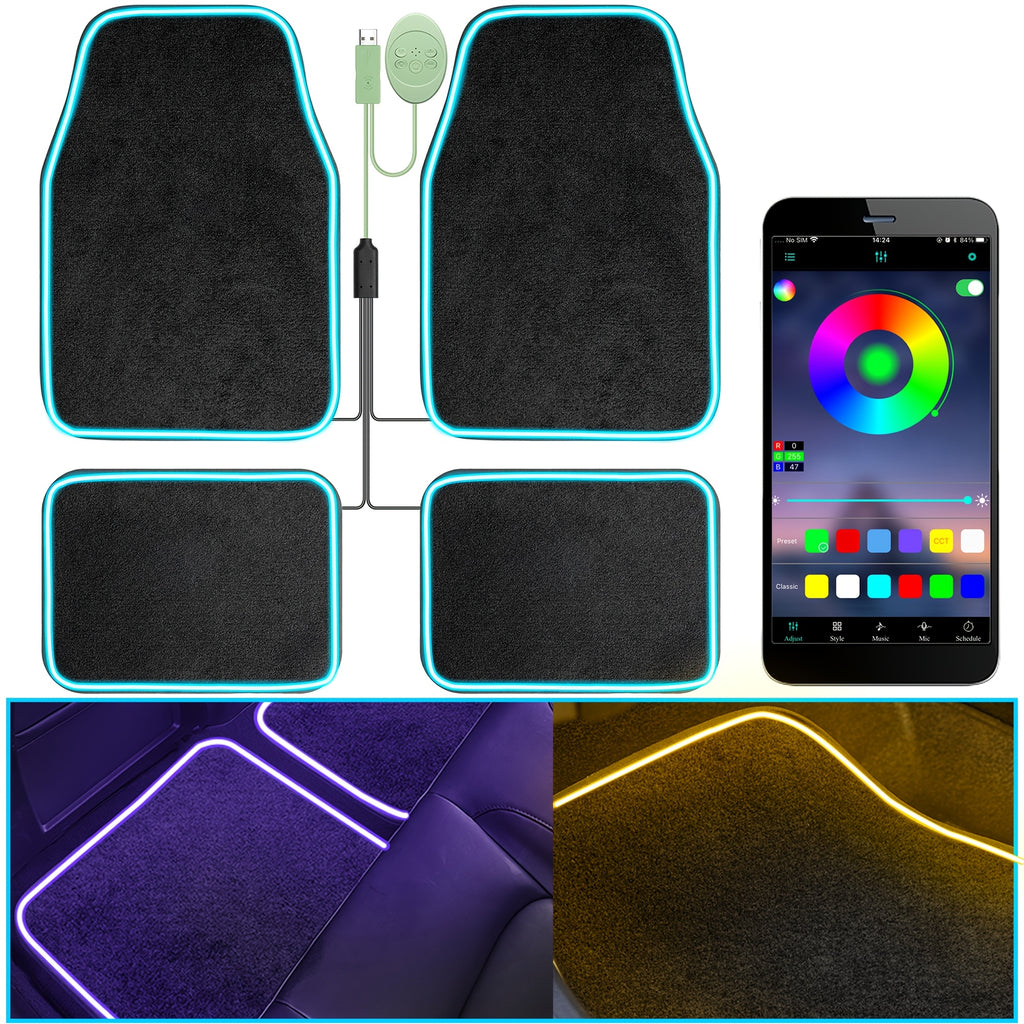 Universal Fit Car Floor Mats with LED Strip Light, Black PU Leather Automotive Carpet, App Control Interior Car Lights, Anti-Slip RGB Car Decor Accessories for SUV, Trucks, Sedan, Jeeps
