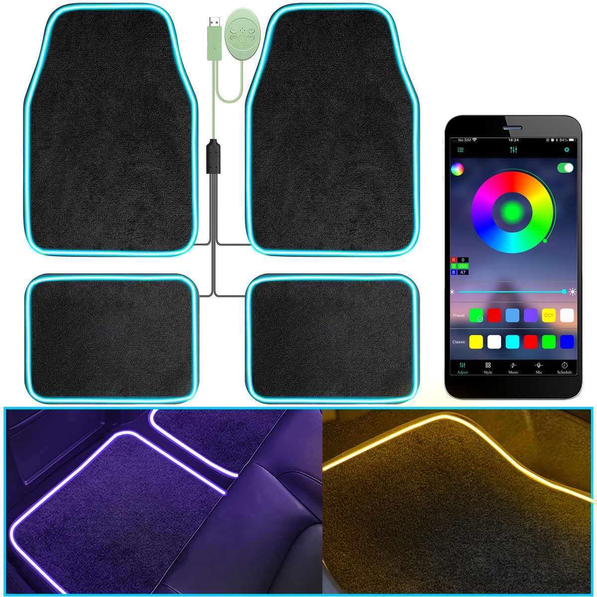 Universal Fit Car Floor Mats with LED Strip Light, Black PU Leather Automotive Carpet, App Control Interior Car Lights, Anti-Slip RGB Car Decor Accessories for SUV, Trucks, Sedan, Jeeps