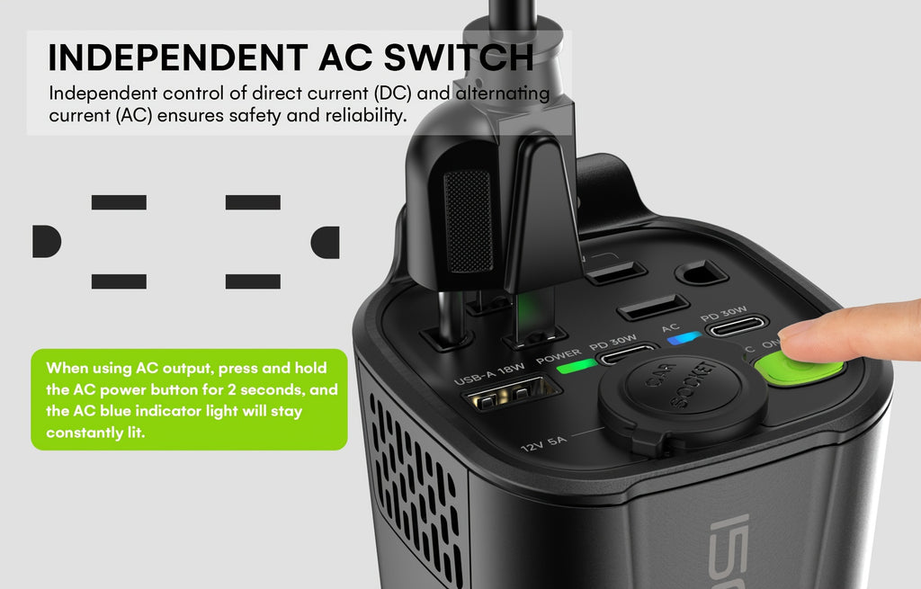 150W Car Power Inverter with 12V DC to 110V AC Car Plug Adapter Outlet Converter, 2 AC Outlets, 18W USB A, Dual 30W PD Car Charger - Heavy-Duty Black Vehicle Automotive