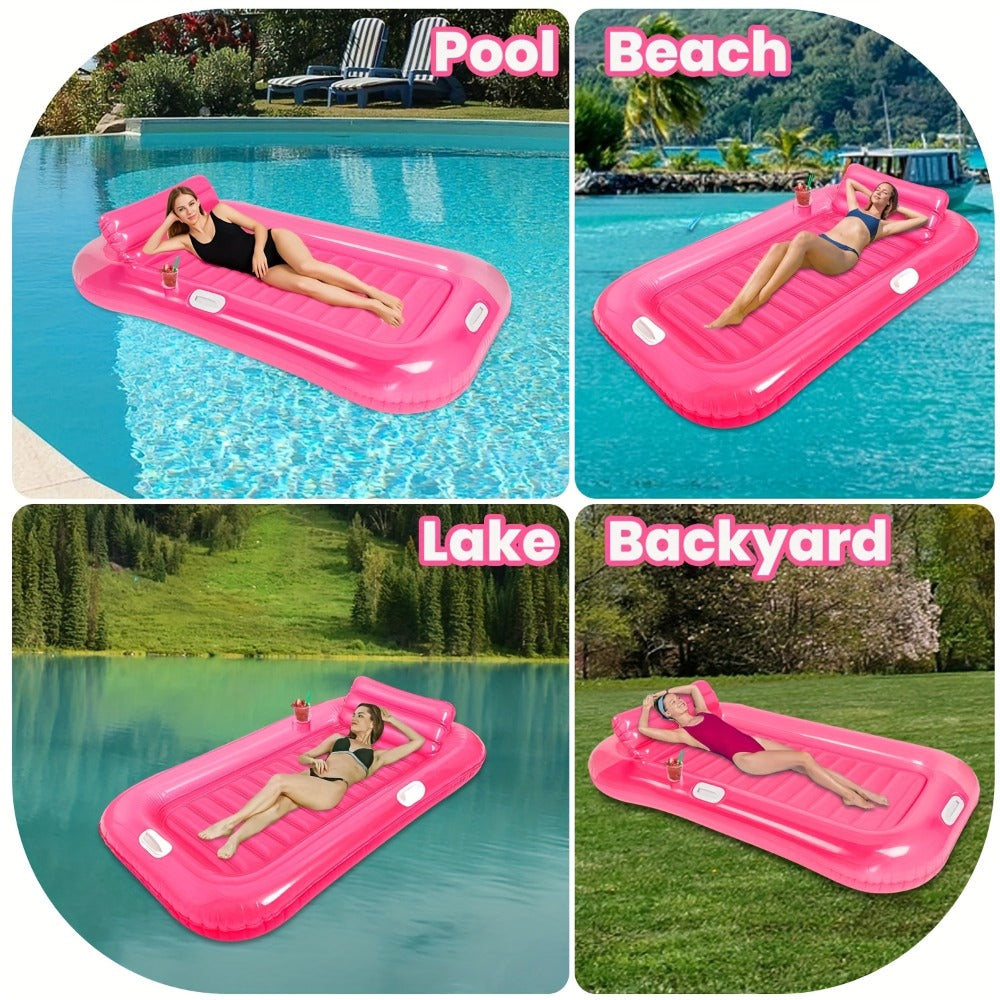 Inflatable Pool Lounger Sunbed for Adults 84"x47" – 2-in-1 Tanning Float with Cup Holders, Removable Headrest & Handles, 330lb Capacity, UV-Resistant PVC, Pool Beach Lake, Blue & Pink