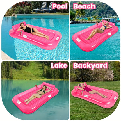 Inflatable Pool Lounger Sunbed for Adults 84"x47" – 2-in-1 Tanning Float with Cup Holders, Removable Headrest & Handles, 330lb Capacity, UV-Resistant PVC, Pool Beach Lake, Blue & Pink