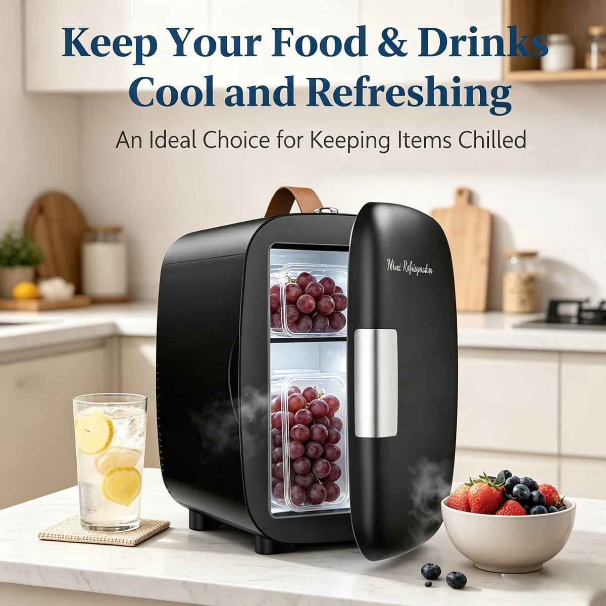 Portable 1.06gal Mini Fridge, Ultra-Thin, Semiconductor Cooling, Ultra-Quiet& Low Energy, Supports 110V AC/ 12V DC, Fits 6 Cans for Bedroom, Skincare, Drinks, Dorm& Car