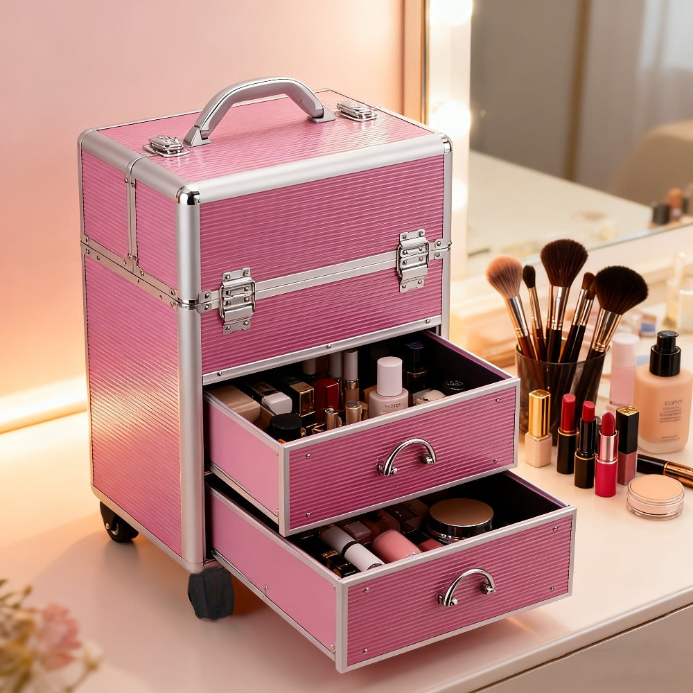 Lockable Aluminum Makeup Train Case with Extendable Trays Multi-Tier Professional Cosmetic Organizer — Portable Salon Travel Beauty Case with Lock Pink Rose Gold