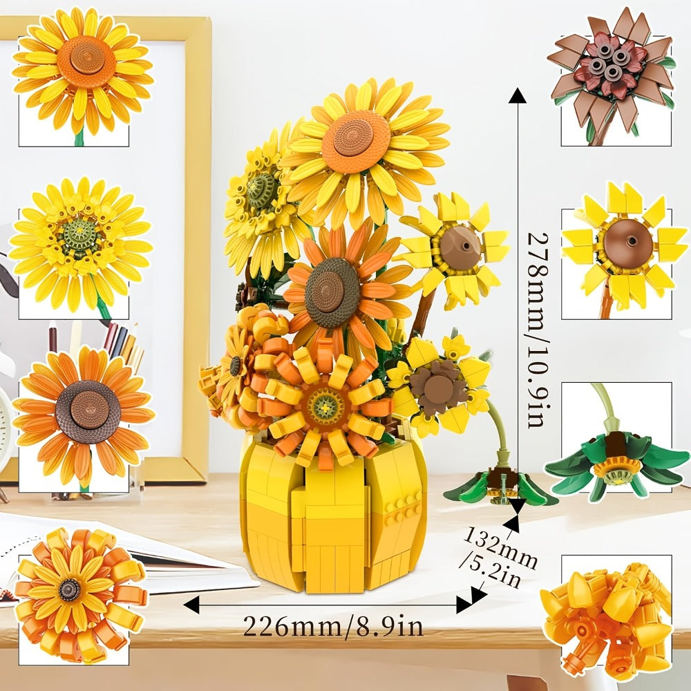 Sunflower Bouquet Building Blocks Set 1009 Pieces – Realistic Floral LEGO-Compatible Brick Kit for Adults & Teens, Home Decor Display, Mother's Day Valentine's Day Birthday Gift for Women