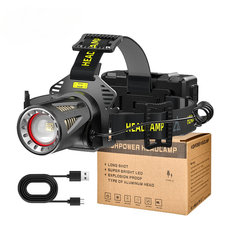 XHP360 Rechargeable Headlamp 3 Modes Sensor 90° Tilt Power Bank Type-C 3x18650 Zoomable Head Torch for Fishing Camping Hiking
