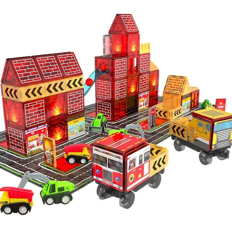 Magnetic Tiles Firefighting Theme Building Set for Kids – Fire Truck Fire Station Roads Crane & Car Toys, STEM Educational Magnetic Blocks for Boys Ages 3 4 5 6, Birthday Gift for Young Builders