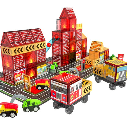 Magnetic Tiles Firefighting Theme Building Set for Kids – Fire Truck Fire Station Roads Crane & Car Toys, STEM Educational Magnetic Blocks for Boys Ages 3 4 5 6, Birthday Gift for Young Builders
