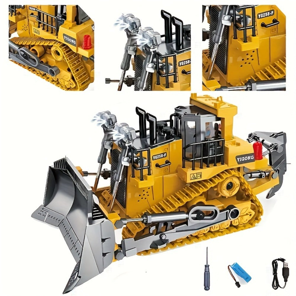 RC Bulldozer 9-Channel 2.4GHz Remote Control – Multifunctional Engineering Vehicle Toy with Alloy Metal Cover | Indoor Outdoor RC Construction Toy, Birthday & Christmas Gift for Boys Ages 6+