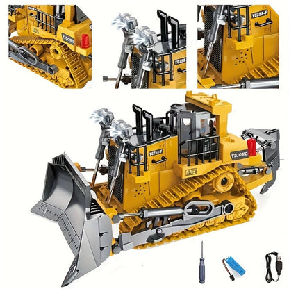RC Bulldozer 9-Channel 2.4GHz Remote Control – Multifunctional Engineering Vehicle Toy with Alloy Metal Cover | Indoor Outdoor RC Construction Toy, Birthday & Christmas Gift for Boys Ages 6+