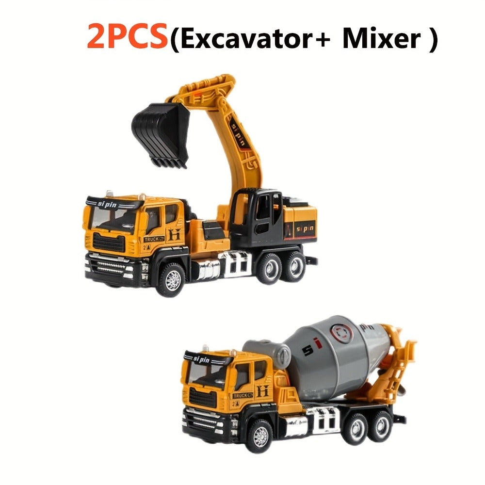 Die-Cast Construction Vehicle Toy Set – Mini Alloy Excavator, Dump Truck, Cement Mixer & Crane Trucks for Toddlers Boys Ages 3+, No Battery Needed, Birthday Christmas Gift