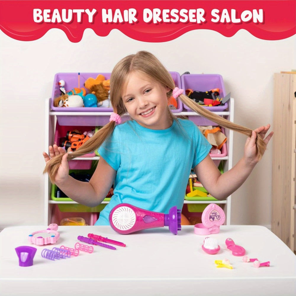 Girls Beauty Salon Toy Set 17 PCS – Pretend Play Hair Stylist Kit with Working Hairdryer Mirror Curling Wands Combs Clips & Jewelry Box | Princess Hair Dresser Toy for Girls Ages 3+ | Best Birthday Christmas Gift