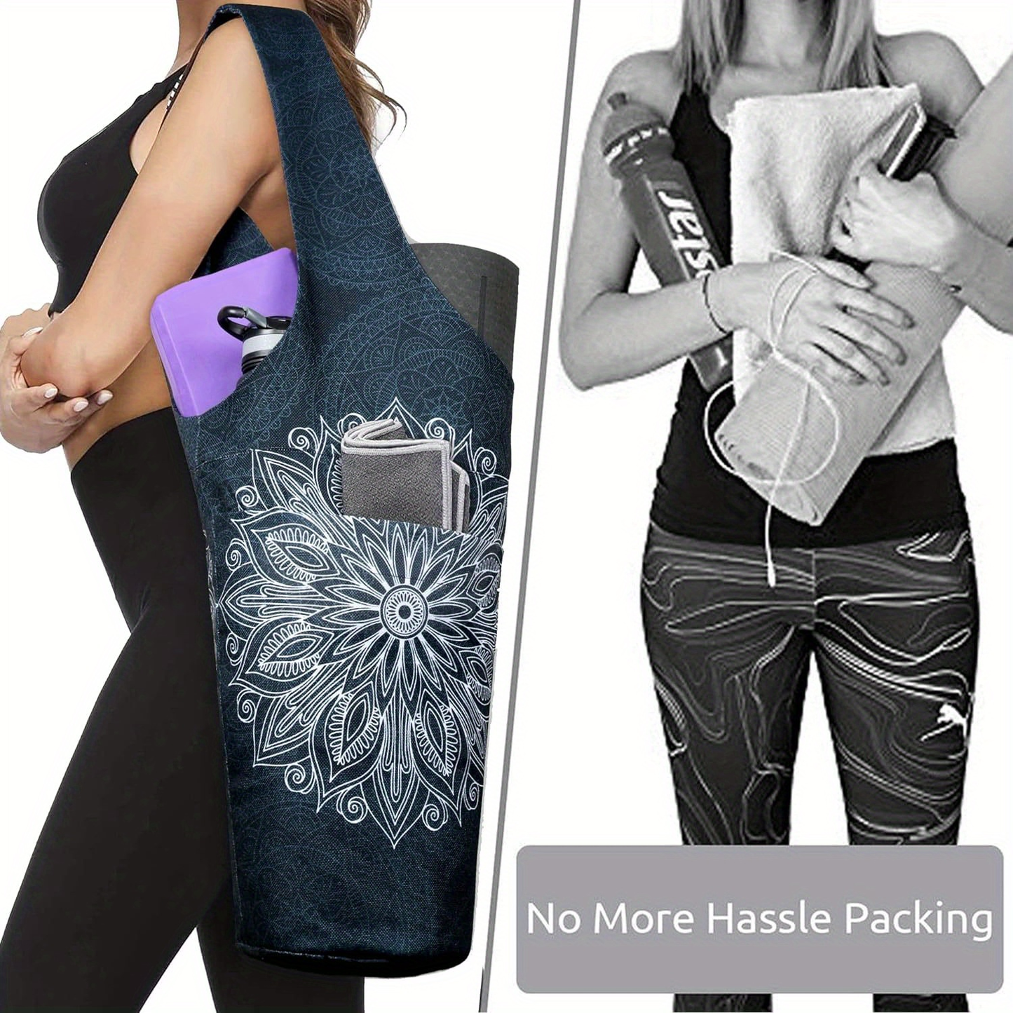 Yoga Mat Tote Bag 37”×15.5” – Large Shoulder Carrier with Dual Pockets for Yoga Mat, Block, Strap & Accessories, Fits Most Mat Sizes, Gym & Studio Bag for Women, Cloud Forest & Mandala Black
