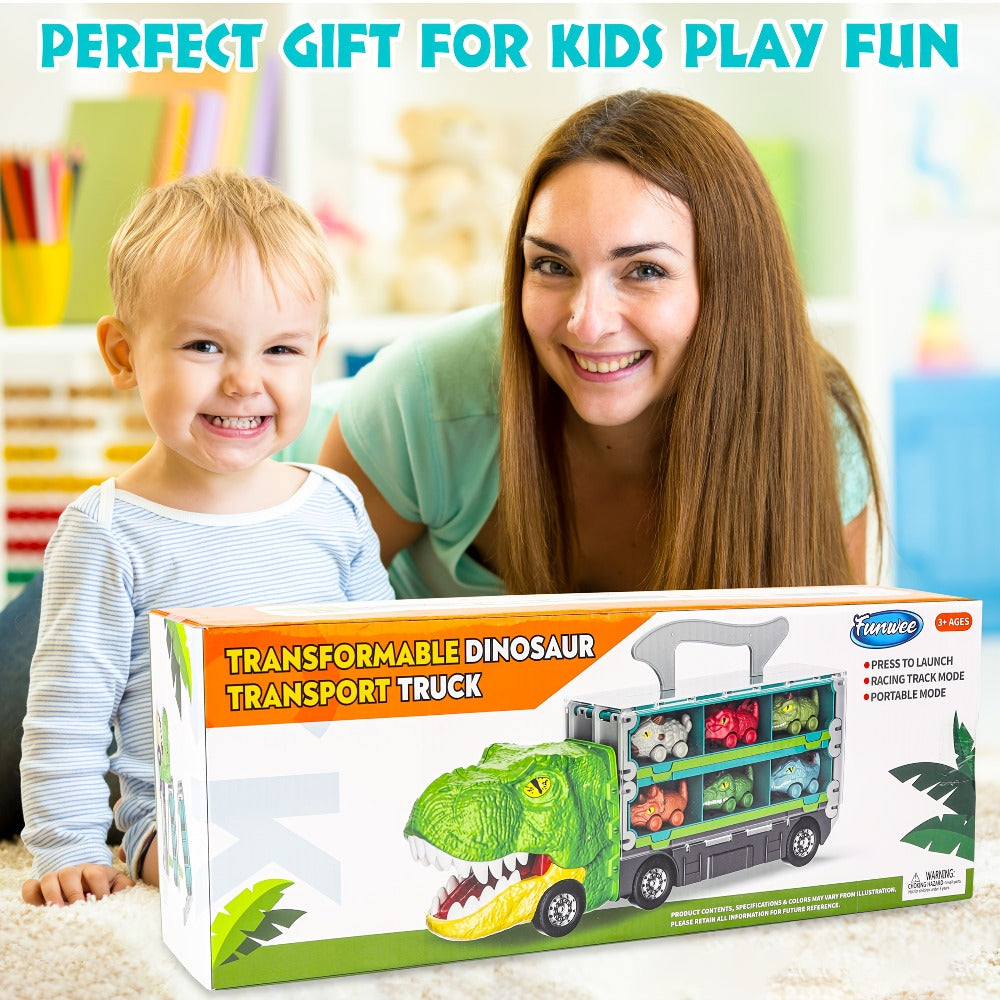 Dinosaur Truck Toys 13-in-1 Transport Carrier with 63-Inch Foldable Race Track | 6 Dino Cars + 6 Die-Cast Cars | 2-Player Racing Mode | Kids Birthday Christmas Gift