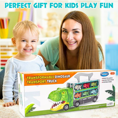 Dinosaur Truck Toys 13-in-1 Transport Carrier with 63-Inch Foldable Race Track | 6 Dino Cars + 6 Die-Cast Cars | 2-Player Racing Mode | Kids Birthday Christmas Gift
