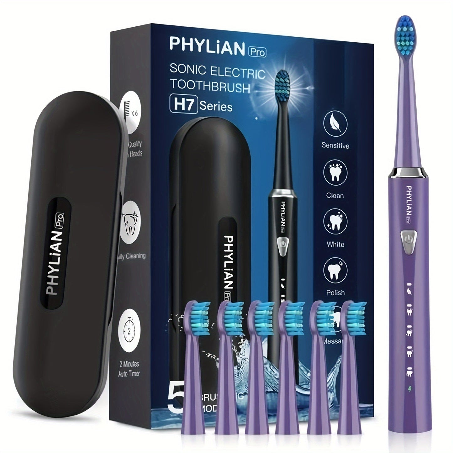 Sonic Electric Toothbrush for Adults Rechargeable – 5 Cleaning Modes 6 DuPont Brush Heads 40000 VPM 120-Day Battery 2-Minute Smart Timer Whitening Sensitive Polish Massage USB Charge Travel Ready Pink Black Purple