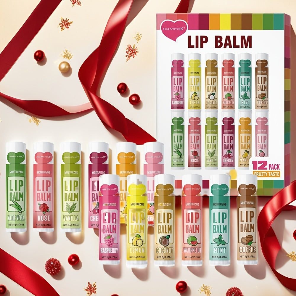 Lip Butter Set 12 Pieces Fruity Scent - Hypoallergenic Glycerin Formula, Glossy Hydrating Lip Balm for All Skin Types, Unisex Daily Lip Care, Valentine Gift for Women