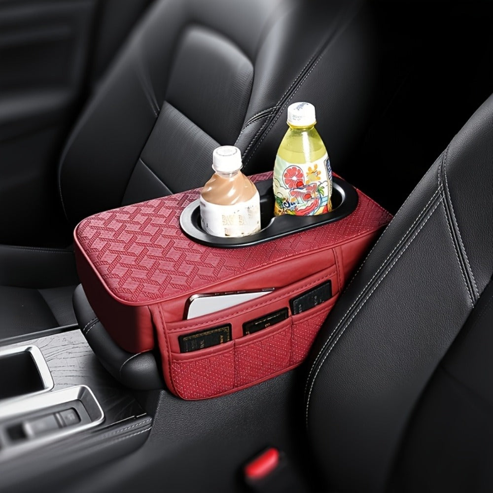 Car Center Console Cover PU Leather – Universal Armrest Box Mat with 2 Cup Holders & 2 Side Pockets, Phone & Card Storage, Fits Most Car Models, Optional Tissue Box