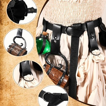 Medieval Belt Set 5pcs Viking Renaissance Faux Leather Harness with Potion Bottle Bag – LARP Halloween Cosplay Renaissance Fair Themed Party Role Play Costume Accessory, Black & Brown