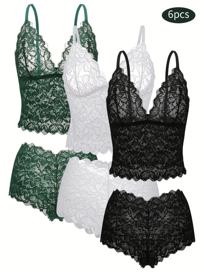 6-Pack Women's Bra and Panty Lingerie Set - Floral Lace Coordinated Style