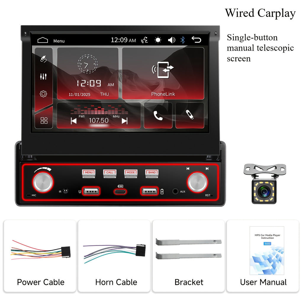 Podofo Wireless Carplayer Single Din Car Stereo 7 Inch HD Flip Out Touchscreen Car Radio with Wireless Car Player Android Auto, Wireless, Type-C/ USB/ TF/ AUX, SWC, FM, Voice Control, Backup Camera